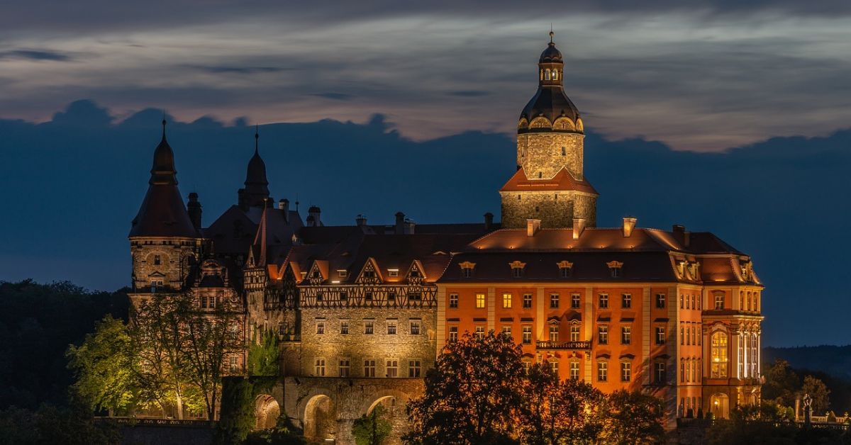 burg, schloss, nacht, zamek książ, schloss fürstenstein waldenburg