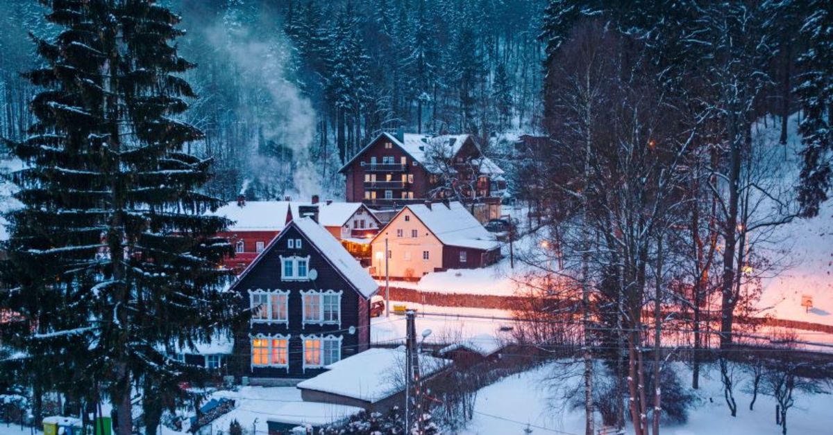 międzygórze, winter, schnee, haus, dorf, Wölfelsgrund, polen, wald, berge