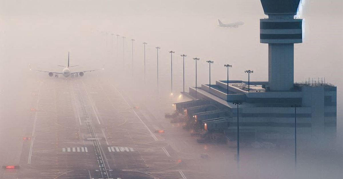 nebel, flughafen, flugzeug, landung