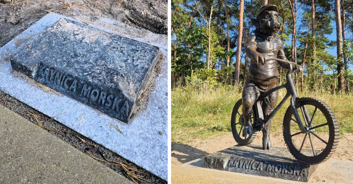 polnische Ostsee, Statue, Krynica Morska, Kahlberg, polnische Ostseeküste, Wildschwein-Skulpturen, Radfahrendes Wildschwein, Woiwodschaft Pommern, Wildschweinfiguren, Wildschweinfiguren in Krynica Morska, Wildschweinfiguren in Kahlberg, Polen, Diebstahl,