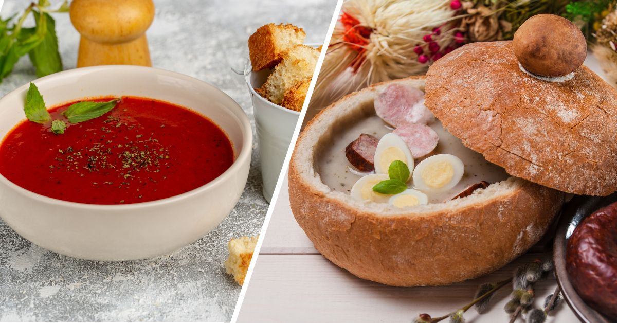 Küche, TasteAtlas, polnische Spezialitäten, Barszcz, rote Bete Suppe, Żurek, Steinpilzsuppe, Rosół, Hühnerbrühe, Kwaśnica, Pilzsuppe, Zalewajka, Tomatensuppe, Gurkensuppe, polnische Restaurants, Essen in Polen , die besten polnischen Suppen, polnische Suppe,